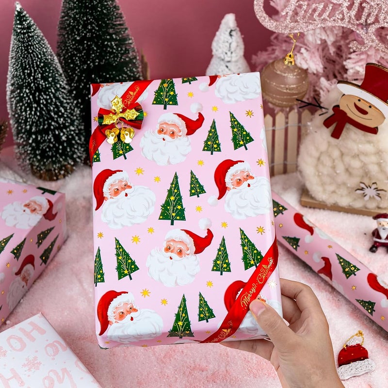 Yarcony Pink Christmas Wrapping Paper Roll, Girly Santa Wrapping Paper, Vintage Inspired Santa Claus, Christmas Tree Design Pink Gift Wrap for Winter Holiday, Girl Celebration (17 Inch X 33 Feet) - Image 4